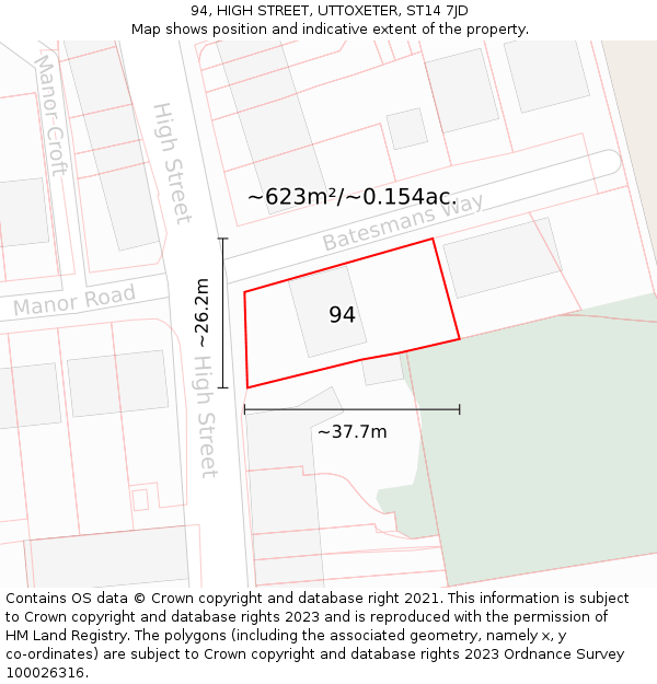 94, HIGH STREET, UTTOXETER, ST14 7JD: Plot and title map