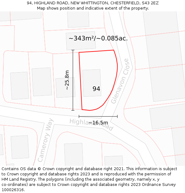94, HIGHLAND ROAD, NEW WHITTINGTON, CHESTERFIELD, S43 2EZ: Plot and title map