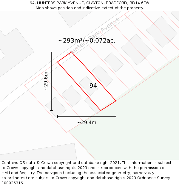 94, HUNTERS PARK AVENUE, CLAYTON, BRADFORD, BD14 6EW: Plot and title map