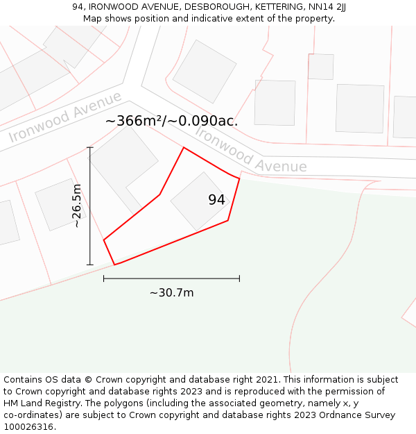94, IRONWOOD AVENUE, DESBOROUGH, KETTERING, NN14 2JJ: Plot and title map