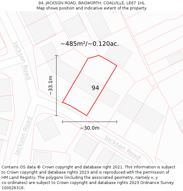 94, JACKSON ROAD, BAGWORTH, COALVILLE, LE67 1HL: Plot and title map