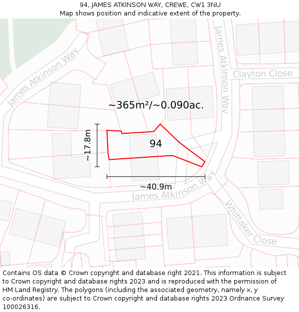 94, JAMES ATKINSON WAY, CREWE, CW1 3NU: Plot and title map