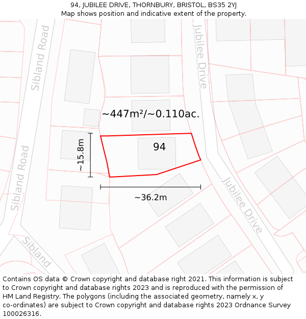 94, JUBILEE DRIVE, THORNBURY, BRISTOL, BS35 2YJ: Plot and title map