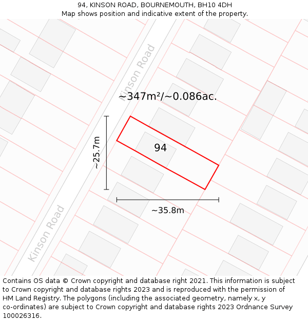 94, KINSON ROAD, BOURNEMOUTH, BH10 4DH: Plot and title map