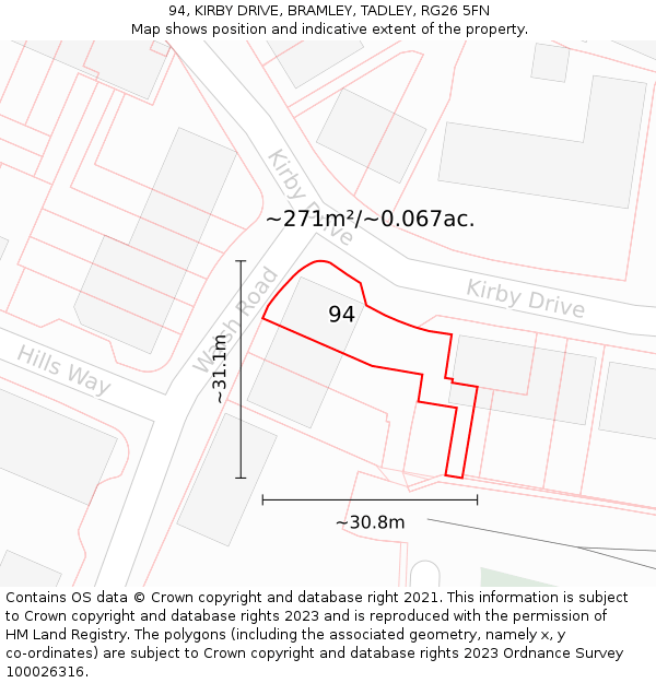 94, KIRBY DRIVE, BRAMLEY, TADLEY, RG26 5FN: Plot and title map