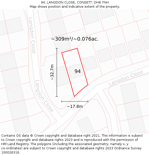 94, LANGDON CLOSE, CONSETT, DH8 7NH: Plot and title map