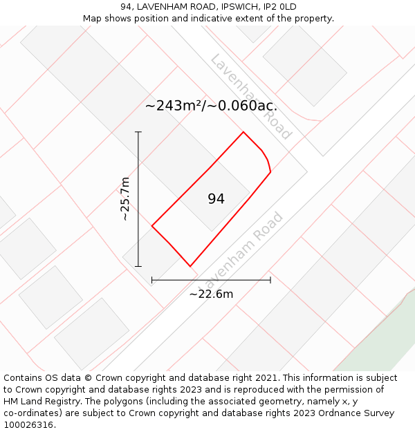 94, LAVENHAM ROAD, IPSWICH, IP2 0LD: Plot and title map