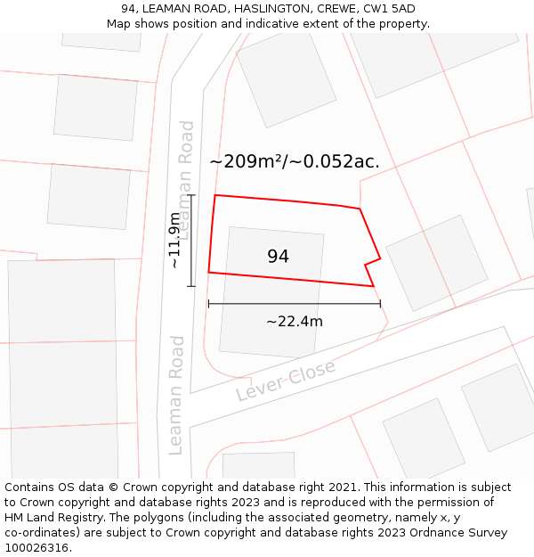 94, LEAMAN ROAD, HASLINGTON, CREWE, CW1 5AD: Plot and title map