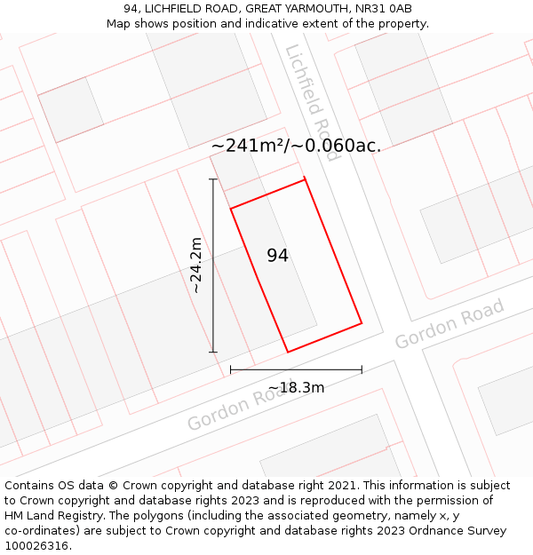 94, LICHFIELD ROAD, GREAT YARMOUTH, NR31 0AB: Plot and title map