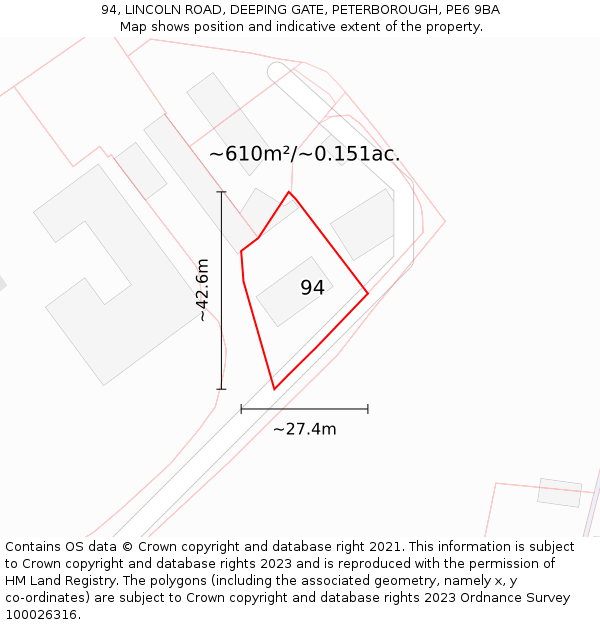94, LINCOLN ROAD, DEEPING GATE, PETERBOROUGH, PE6 9BA: Plot and title map