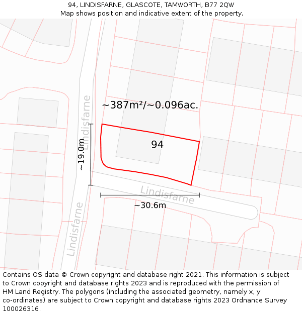 94, LINDISFARNE, GLASCOTE, TAMWORTH, B77 2QW: Plot and title map