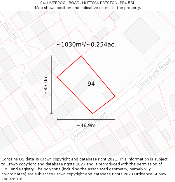 94, LIVERPOOL ROAD, HUTTON, PRESTON, PR4 5SL: Plot and title map