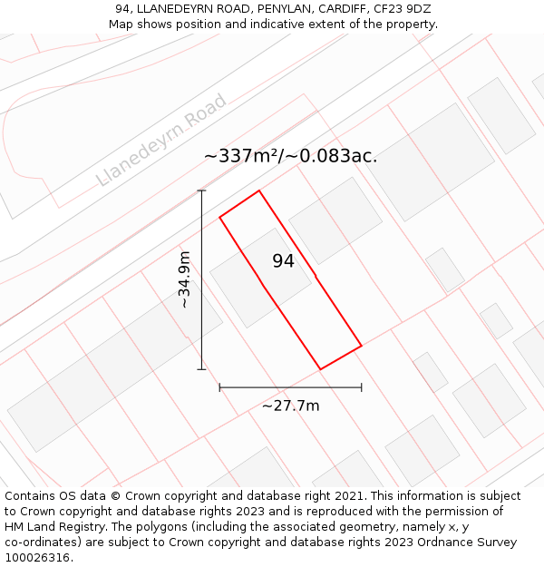 94, LLANEDEYRN ROAD, PENYLAN, CARDIFF, CF23 9DZ: Plot and title map