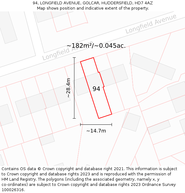 94, LONGFIELD AVENUE, GOLCAR, HUDDERSFIELD, HD7 4AZ: Plot and title map