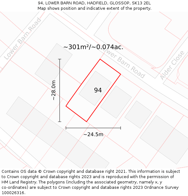 94, LOWER BARN ROAD, HADFIELD, GLOSSOP, SK13 2EL: Plot and title map