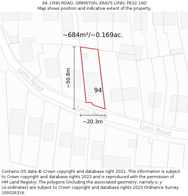 94, LYNN ROAD, GRIMSTON, KING'S LYNN, PE32 1AD: Plot and title map