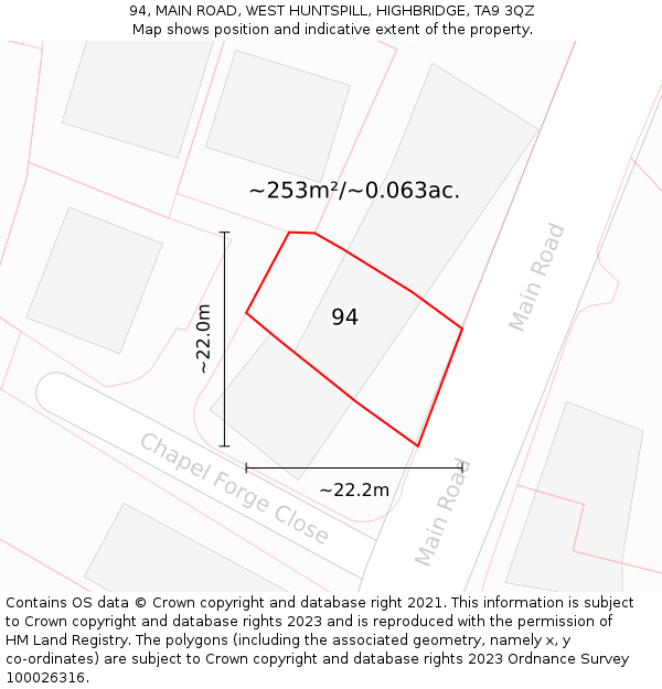 94, MAIN ROAD, WEST HUNTSPILL, HIGHBRIDGE, TA9 3QZ: Plot and title map