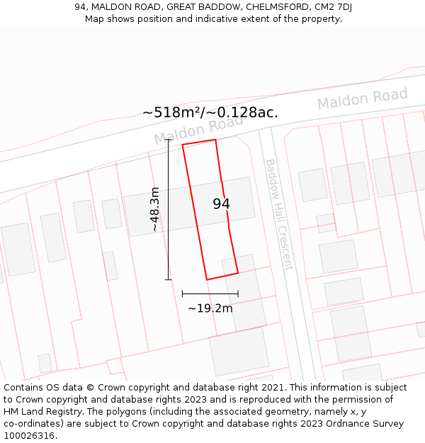 94, MALDON ROAD, GREAT BADDOW, CHELMSFORD, CM2 7DJ: Plot and title map