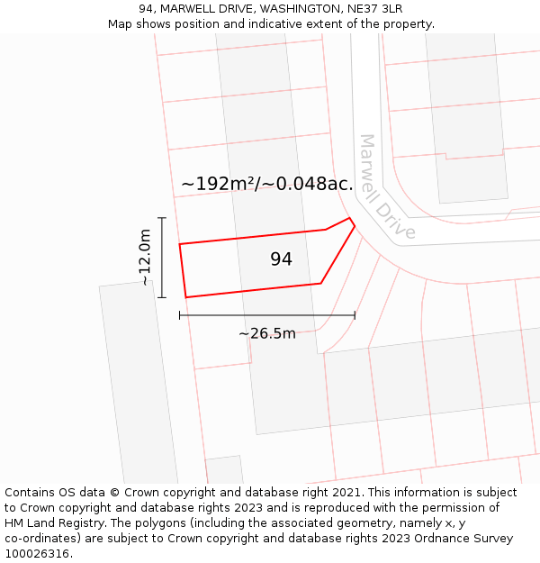 94, MARWELL DRIVE, WASHINGTON, NE37 3LR: Plot and title map