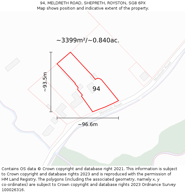 94, MELDRETH ROAD, SHEPRETH, ROYSTON, SG8 6PX: Plot and title map