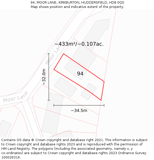 94, MOOR LANE, KIRKBURTON, HUDDERSFIELD, HD8 0QS: Plot and title map