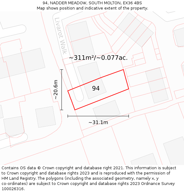94, NADDER MEADOW, SOUTH MOLTON, EX36 4BS: Plot and title map