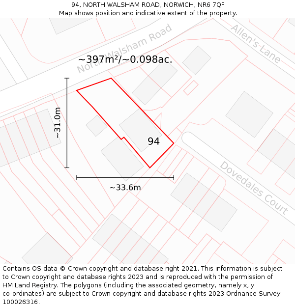94, NORTH WALSHAM ROAD, NORWICH, NR6 7QF: Plot and title map