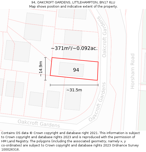 94, OAKCROFT GARDENS, LITTLEHAMPTON, BN17 6LU: Plot and title map