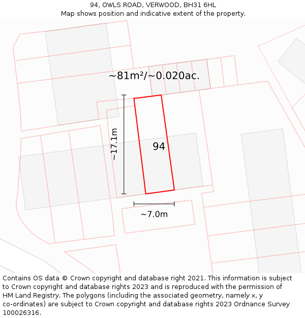 94, OWLS ROAD, VERWOOD, BH31 6HL: Plot and title map