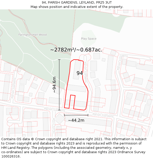 94, PARISH GARDENS, LEYLAND, PR25 3UT: Plot and title map