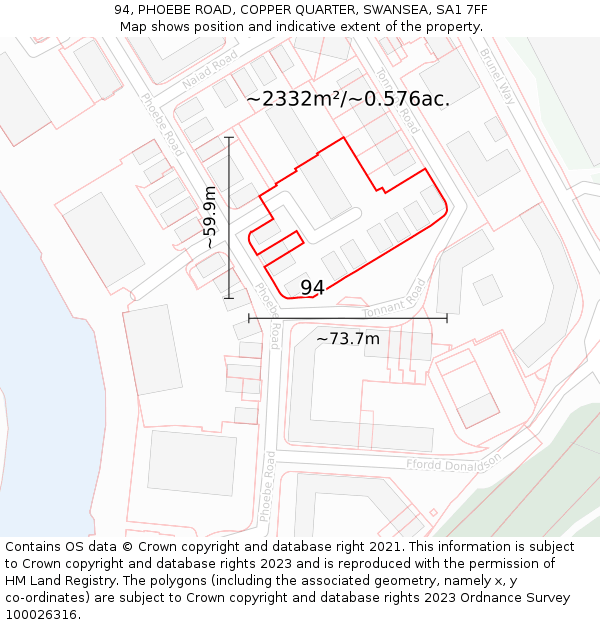 94, PHOEBE ROAD, COPPER QUARTER, SWANSEA, SA1 7FF: Plot and title map