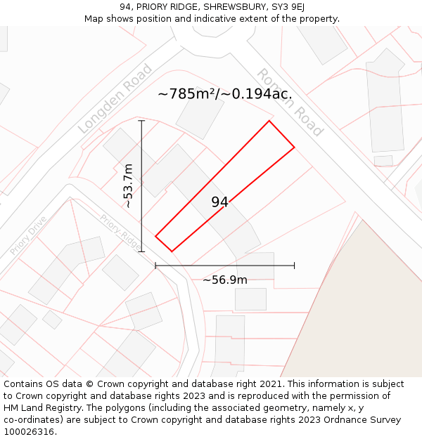 94, PRIORY RIDGE, SHREWSBURY, SY3 9EJ: Plot and title map