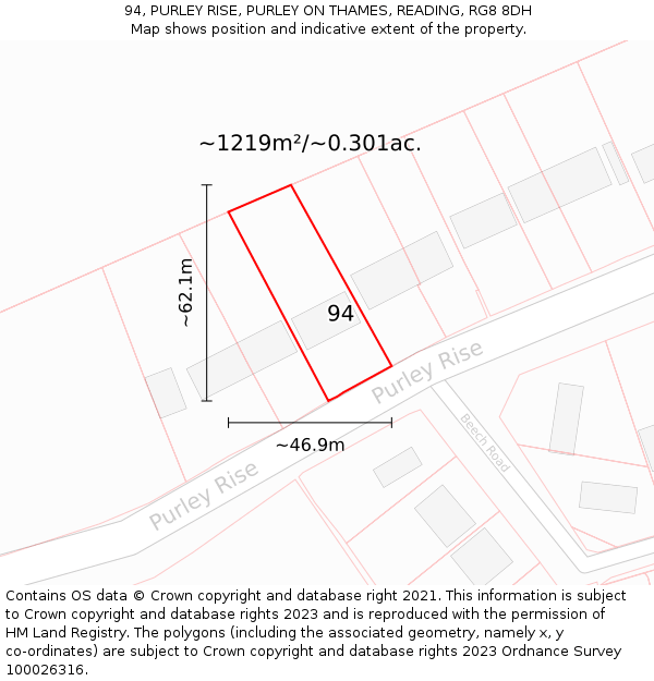 94, PURLEY RISE, PURLEY ON THAMES, READING, RG8 8DH: Plot and title map