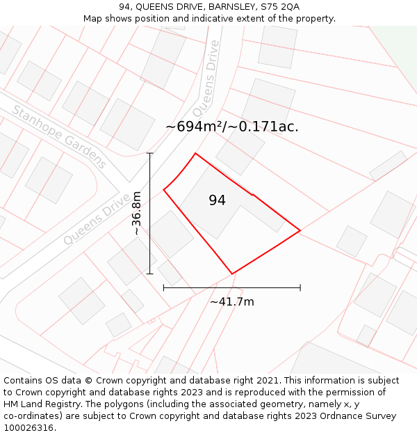 94, QUEENS DRIVE, BARNSLEY, S75 2QA: Plot and title map