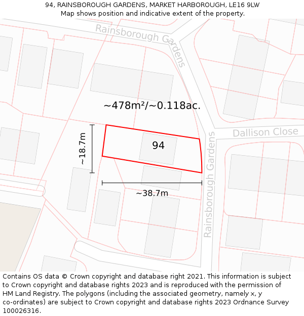 94, RAINSBOROUGH GARDENS, MARKET HARBOROUGH, LE16 9LW: Plot and title map