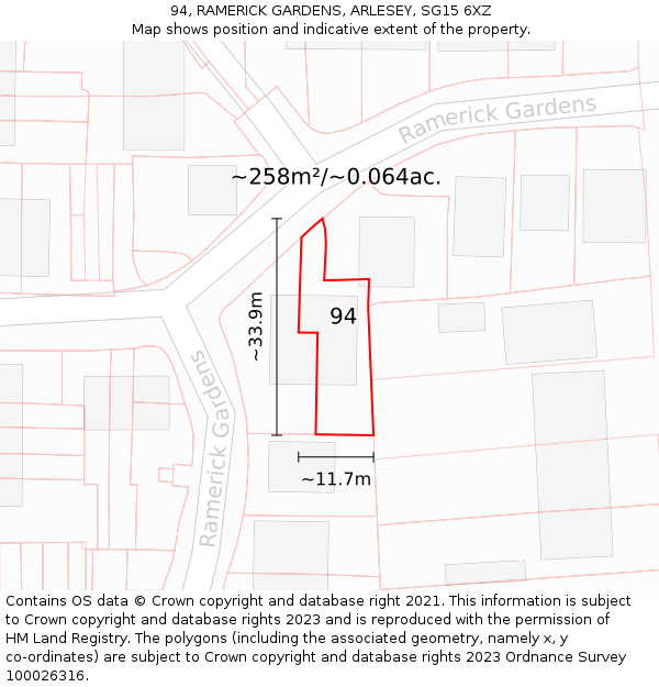 94, RAMERICK GARDENS, ARLESEY, SG15 6XZ: Plot and title map