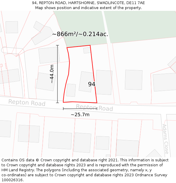 94, REPTON ROAD, HARTSHORNE, SWADLINCOTE, DE11 7AE: Plot and title map