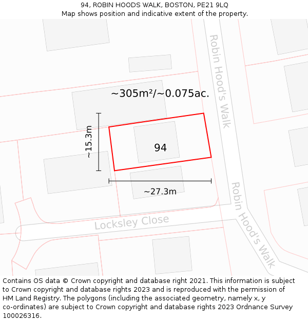 94, ROBIN HOODS WALK, BOSTON, PE21 9LQ: Plot and title map