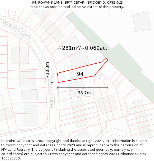 94, ROWANS LANE, BRYNCETHIN, BRIDGEND, CF32 9LZ: Plot and title map