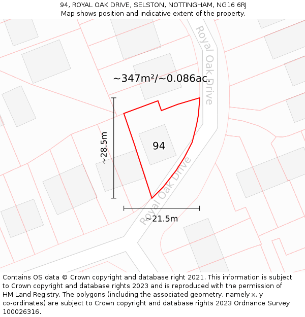 94, ROYAL OAK DRIVE, SELSTON, NOTTINGHAM, NG16 6RJ: Plot and title map
