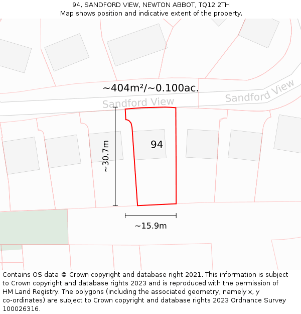 94, SANDFORD VIEW, NEWTON ABBOT, TQ12 2TH: Plot and title map