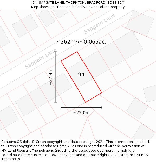 94, SAPGATE LANE, THORNTON, BRADFORD, BD13 3DY: Plot and title map