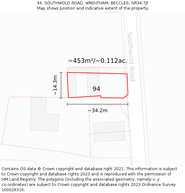 94, SOUTHWOLD ROAD, WRENTHAM, BECCLES, NR34 7JF: Plot and title map