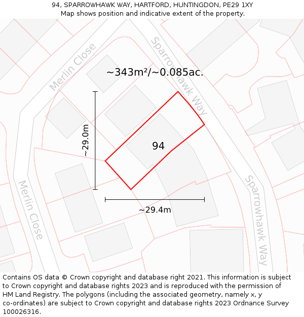 94, SPARROWHAWK WAY, HARTFORD, HUNTINGDON, PE29 1XY: Plot and title map