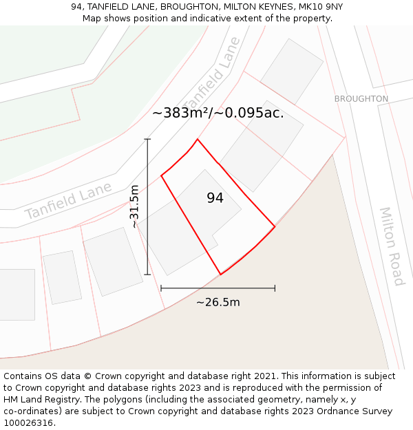 94, TANFIELD LANE, BROUGHTON, MILTON KEYNES, MK10 9NY: Plot and title map