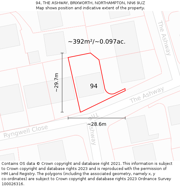94, THE ASHWAY, BRIXWORTH, NORTHAMPTON, NN6 9UZ: Plot and title map