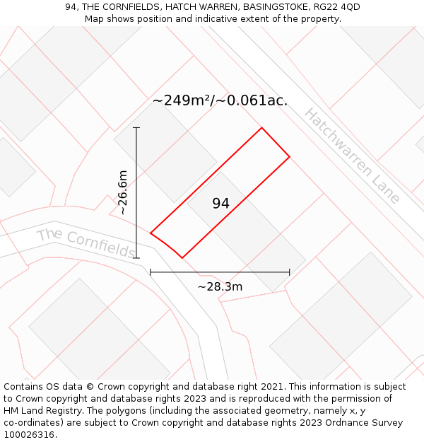 94, THE CORNFIELDS, HATCH WARREN, BASINGSTOKE, RG22 4QD: Plot and title map