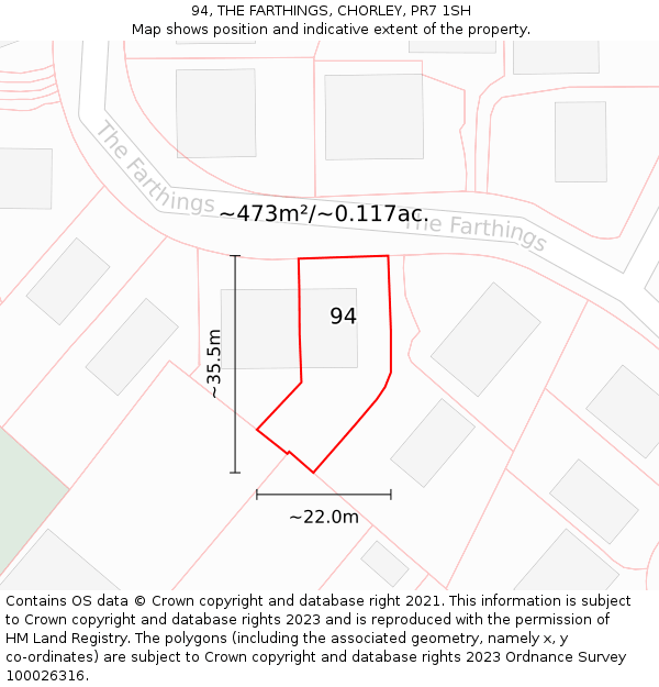 94, THE FARTHINGS, CHORLEY, PR7 1SH: Plot and title map