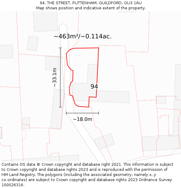 94, THE STREET, PUTTENHAM, GUILDFORD, GU3 1AU: Plot and title map