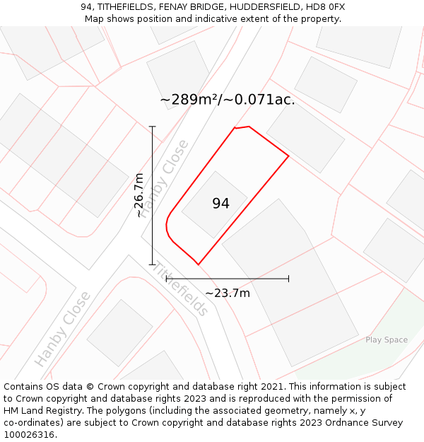 94, TITHEFIELDS, FENAY BRIDGE, HUDDERSFIELD, HD8 0FX: Plot and title map